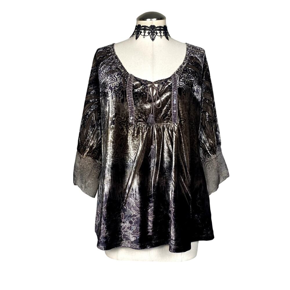 Vtg Y2K Energé Whimsigoth Velvet Open Neck Boho Witchy Hippie Paisley Blouse